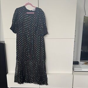 Never Fully Dressed Black Midi Dress with Multi-Colored Dot Print